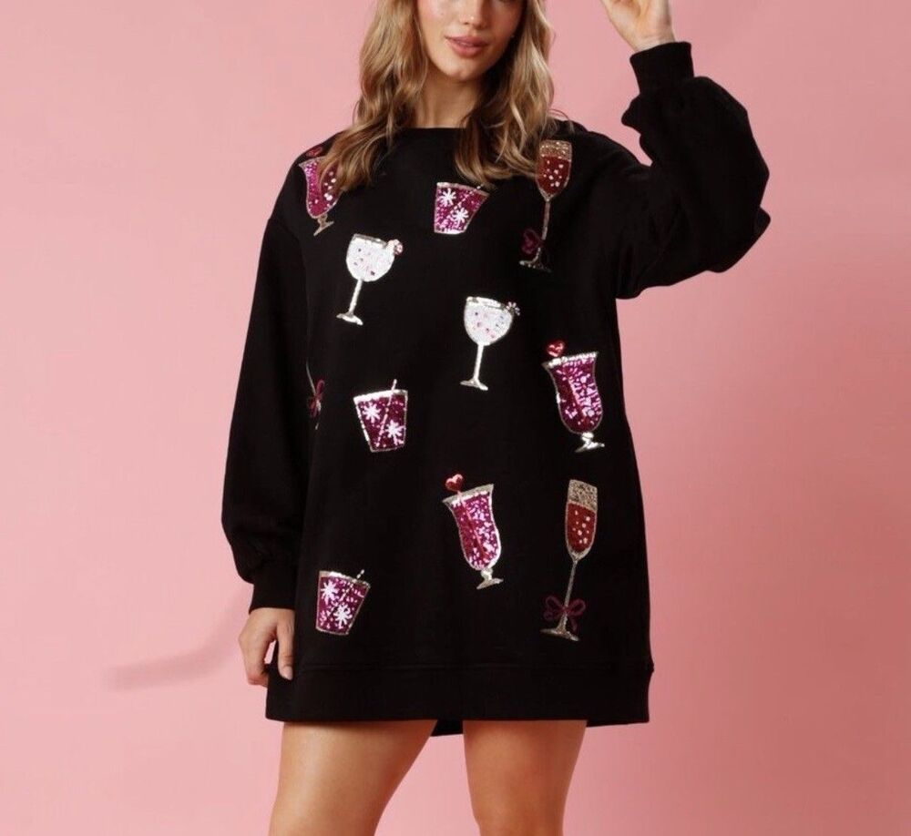 Fantastic Fawn Sequin Sparkle Drinks Pullover Dress Sz Medium New